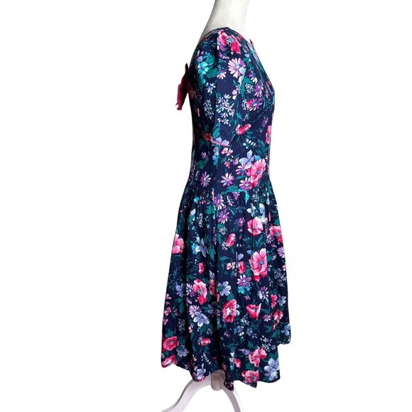 Vintage Jodi Michaels Floral Fit Flare Dress Small Navy Pockets Bow Zipper - Picture 6 of 8